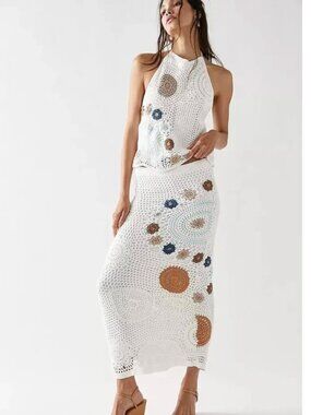 Free People Tibby Set - Crochet Halter Top and Skirt in White Sz Medium